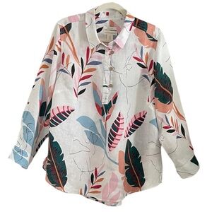 Cynthia Rowley Tropical Print 100% Linen Popover Tunic Top 1X NWOT